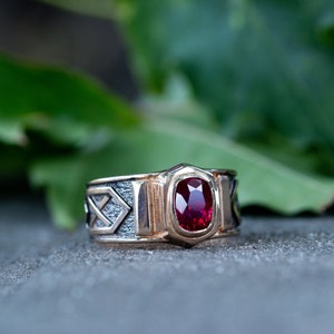 Men's gold ruby ring with blackending. Solid gold ring. Mens signet ring with gemstone. image 7