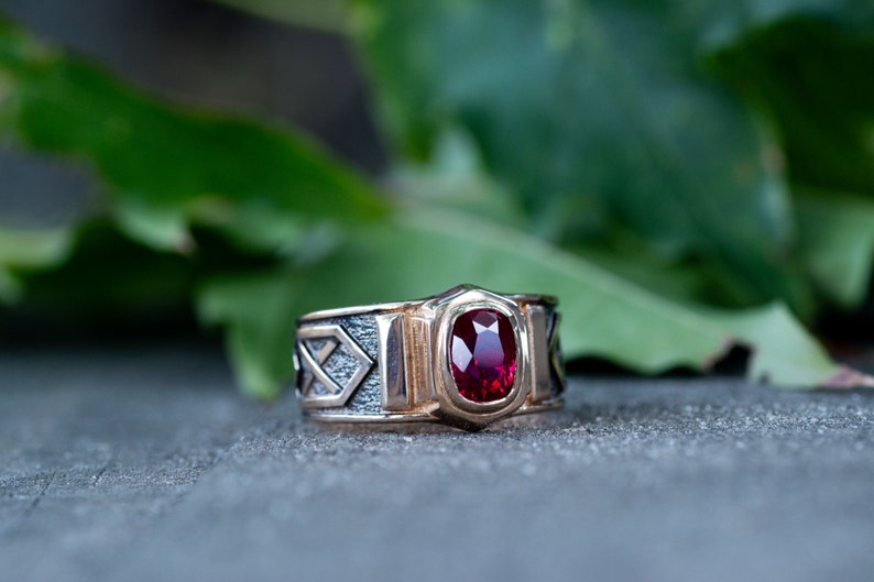 Men's gold ruby ring with blackending. Solid gold ring. Mens signet ring with gemstone. image 7