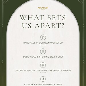 May include: An advertisement for Arcanum Jewelry. The text reads "WHAT SETS US APART?" followed by details about handmade craftsmanship, solid gold and sterling silver, unique gemstones, and custom designs.