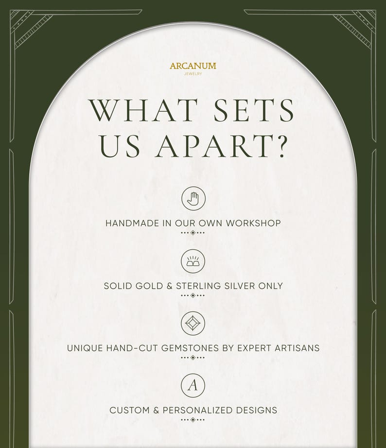 May include: An advertisement for Arcanum Jewelry. The text reads "WHAT SETS US APART?" followed by details about handmade craftsmanship, solid gold and sterling silver, unique gemstones, and custom designs.