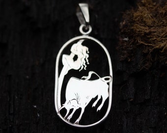 Silver necklace Bull&Girl, Personalized Sterling Silver Pendant, 1 year anniversary gift for boyfriend