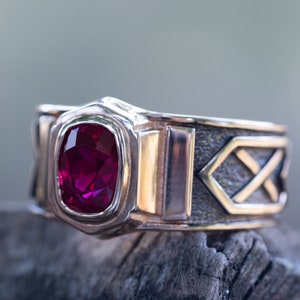 Men's gold ruby ring with blackending. Solid gold ring. Mens signet ring with gemstone. image 4