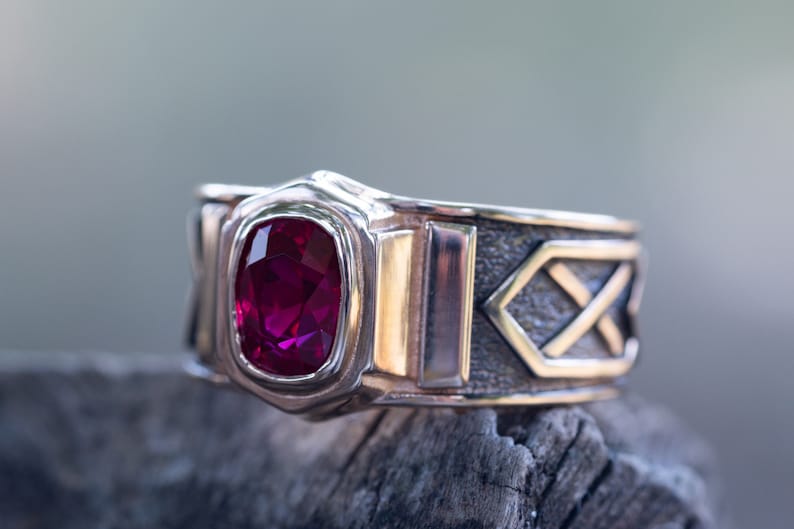 Men's gold ruby ring with blackending. Solid gold ring. Mens signet ring with gemstone. image 4