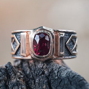 Men's gold ruby ring with blackending. Solid gold ring. Mens signet ring with gemstone. image 1