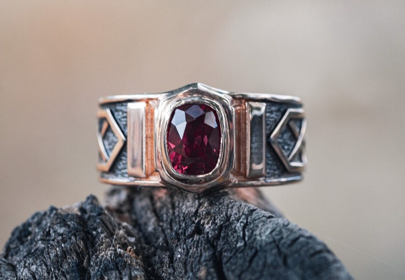 Men's gold ruby ring with blackending. Solid gold ring. Mens signet ring with gemstone. image 1