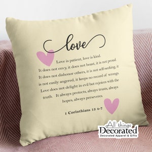 Farmhouse Décor Throw Pillow Cover - I Cor 13 - 2 Sizes 18x18 and 16x16 - Linen Pillow Cover - Love is Patient  - Rustic Decor