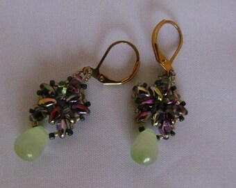 Eye of cat and Super Duo beads drop earrings