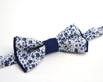 Noeud papillon double Liberty Phoebe bleu et coton uni bleu marine