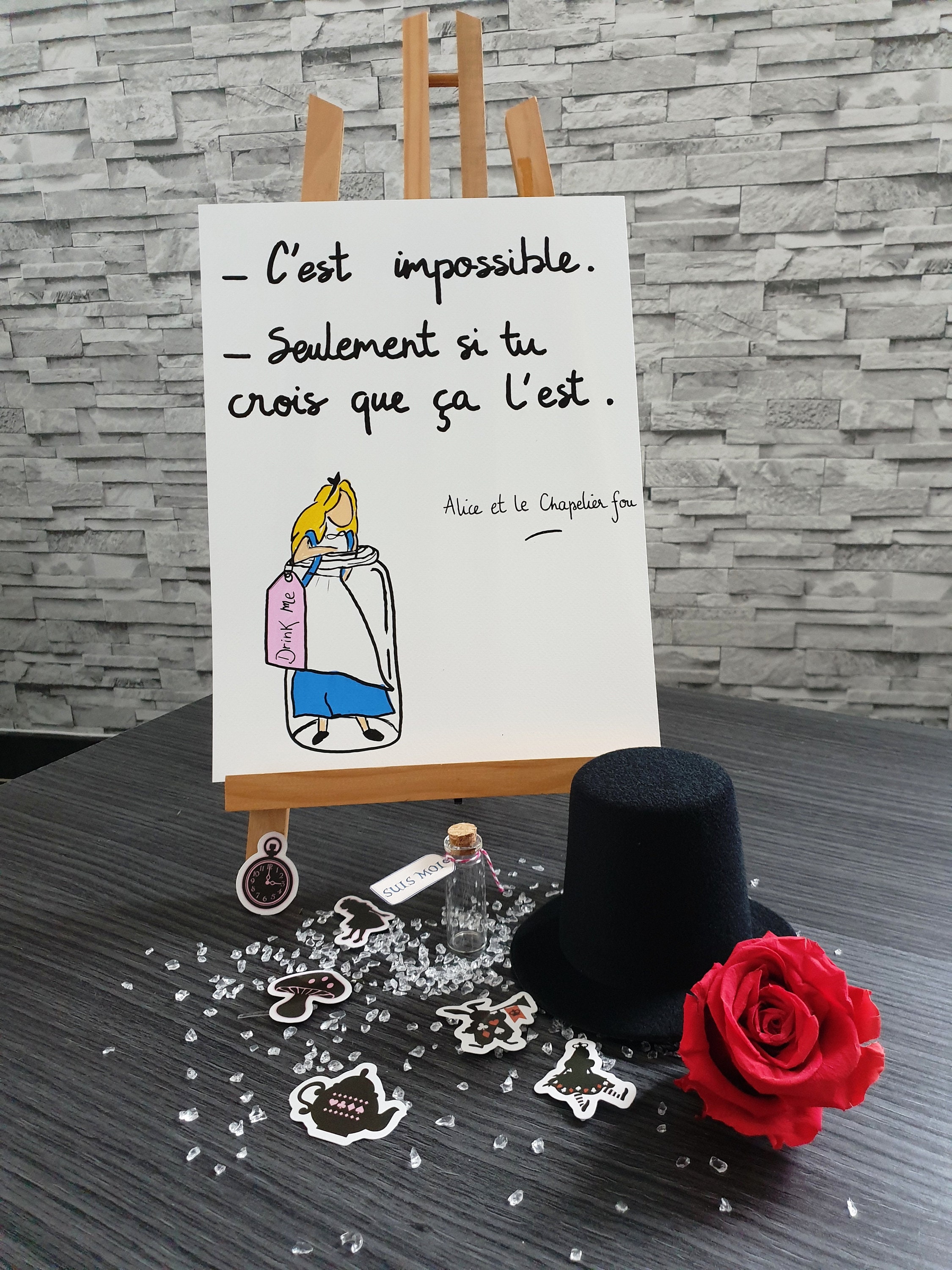 Affiche Citation, Illustration Alice et Le Chapelier Fou Fait Main