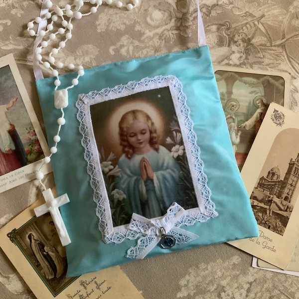 Coussin de senteur lavande en soie turquoise avec portrait de l’enfant Jésus