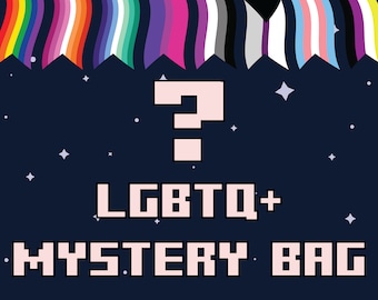 May include: A pink question mark with a pixelated design against a dark blue background with white stars. The text "LGBTQ+ MYSTERY BAG" is below the question mark in pink with a black outline.