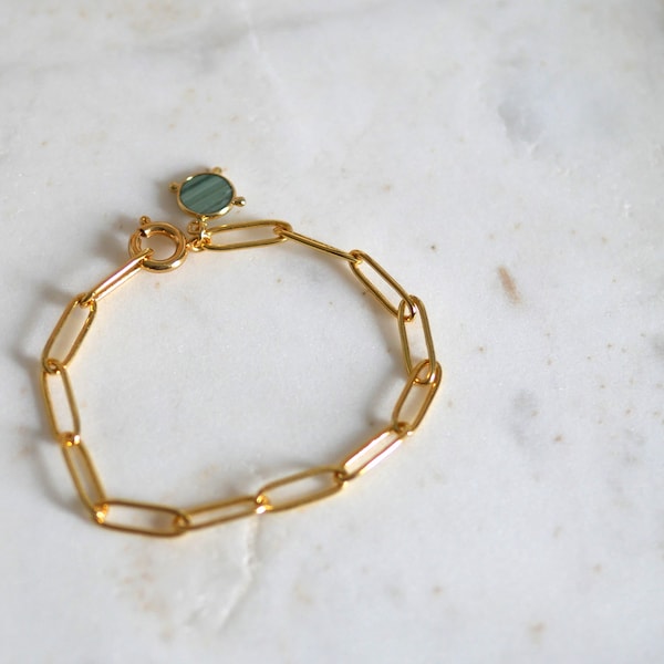 Bracelet - Chaîne maillons dorés 24K et serti Amazonite