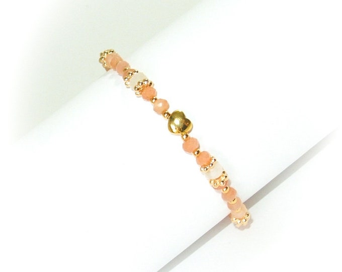 Bracelet pierre naissance juin pierre de Lune naturelle véritable coeur argent plaqué or artisanal