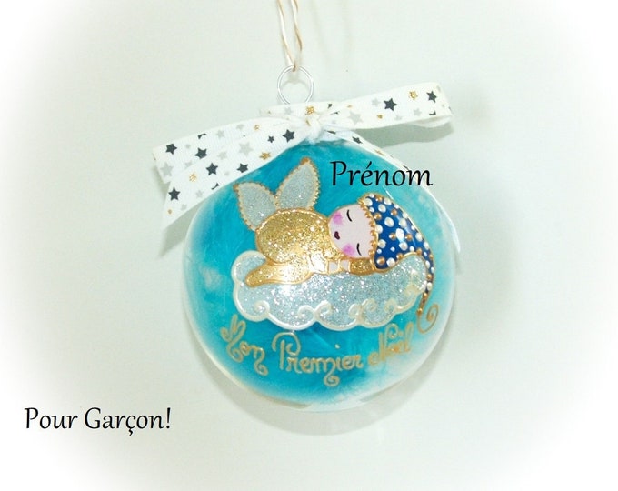 Boule de noël premier noël garçon prénom personnalisé bébé lutin ange de noël peint main