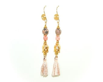 Boucles d'oreille bouddha pompons,pierre Quartz rose,plaqué or 24K,fait main