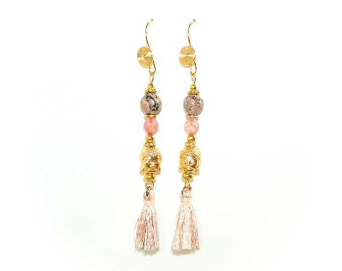 Boucles d'oreille bouddha pompons,pierre Quartz rose,plaqué or 24K,fait main