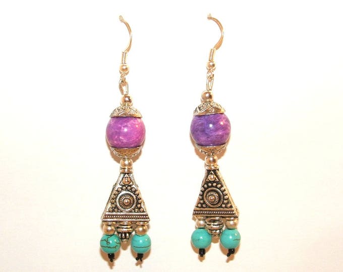 Boucles d'oreille indienne femme,turquoise violet argent 925,fait main,artisanal