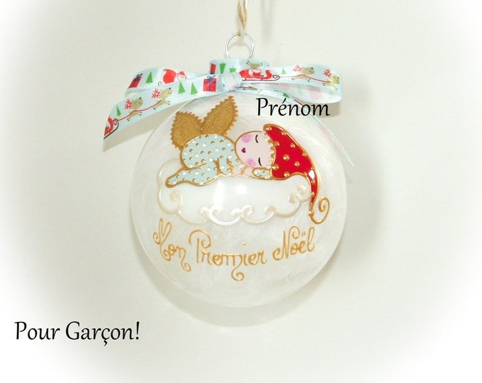 Boule de noël premier noël garçon prénom personnalisé bébé lutin ange de noël peint main