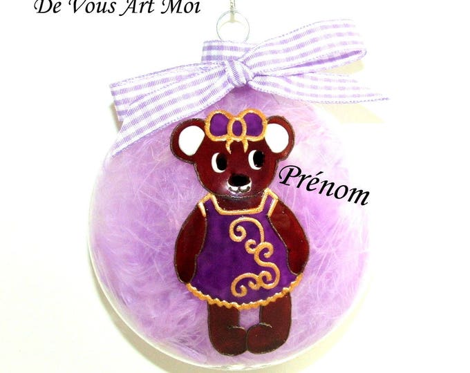 Boule de Noël personnalisée prénom fille oursonne verre peint main artisanal