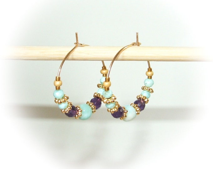 Créoles boucles d'oreille Larimar Améthyste 25mm acier inoxydable et plaqué or artisanal