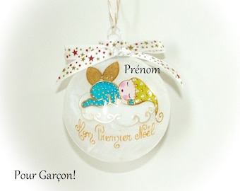 Boule de noël premier noël garçon prénom personnalisé bébé lutin ange de noël peint main