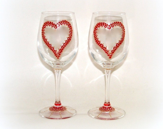 Verre à vin cœur,verre de Noël,fait main,duo de grands verres à vin,peint à la main,doré rouge,verre artisanal Noël,cadeau couple