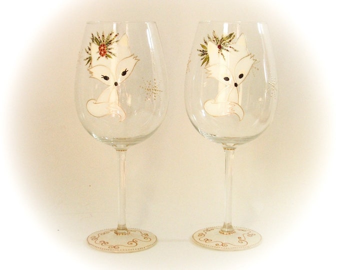 Verre à vin duo renard,grand verre vin thème noël,cadeau verre de noël,artisanal peint main