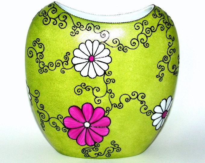 Vase large porcelaine,fait main,coloré et moderne,vase vert rose fleur peint main,décoration bohème colorée,vase artisanal