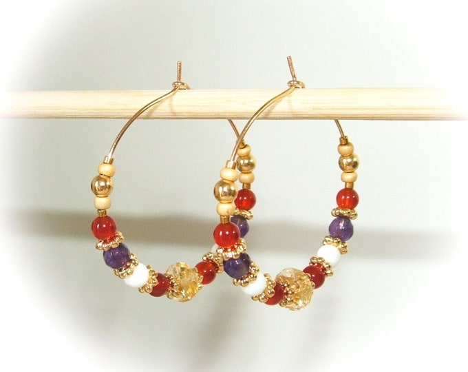 Créoles boucle d'oreille pierre multicolore 35mm acier inoxydable et plaqué or artisanal