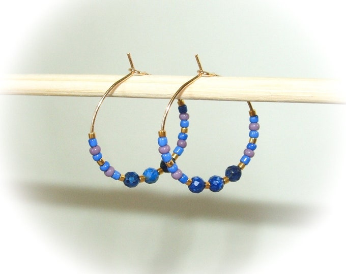 Créoles boucles d'oreille lapis lazuli 25mm acier inoxydable et plaqué or artisanal