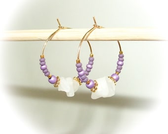 Créoles boucles d'oreille pierre quartz blanc 25mm acier inoxydable et plaqué or artisanal