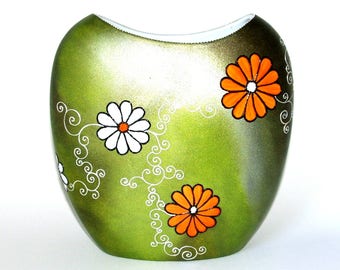 Vase porcelaine coloré peint main,motif fleur,vert orange blanc,vase artisanal fait main