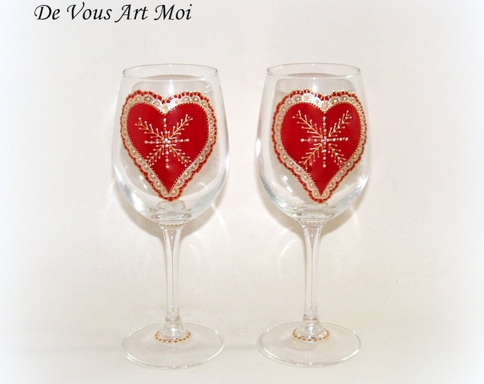 Verre de Noël,verre à vin de Noël,fait main,verre à vin cœur,duo de grands verres,peint à la main,doré rouge,verre artisanal Noël