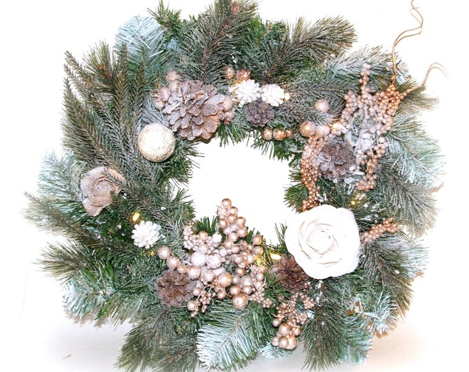 Couronne de Noël lumineuse,décoration porte Noël,cuivré,fait main,fleur lin,pomme de pins,porte noël,ornement Noël,table noël