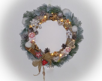 Couronne Noël Alsacienne lumineuse décoration porte centre table Noël fait main artisanal