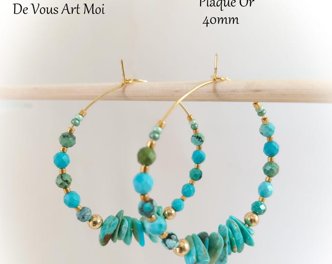 Créoles pierre plaqué or boucle d'oreille turquoise pierre naturelle 40mm artisanal