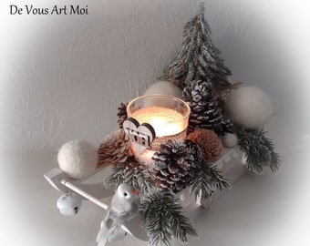 Luge traineau noël photophore centre table Noël bois noël fait main artisanal