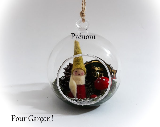 Boule de noël personnalisée garçon originale boule noël verre ouverte original lutin fait main artisanale