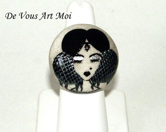 Bague femme ronde,fait main,porcelaine argent massif,bohème noir et gris,peinte à la main,anneau réglable