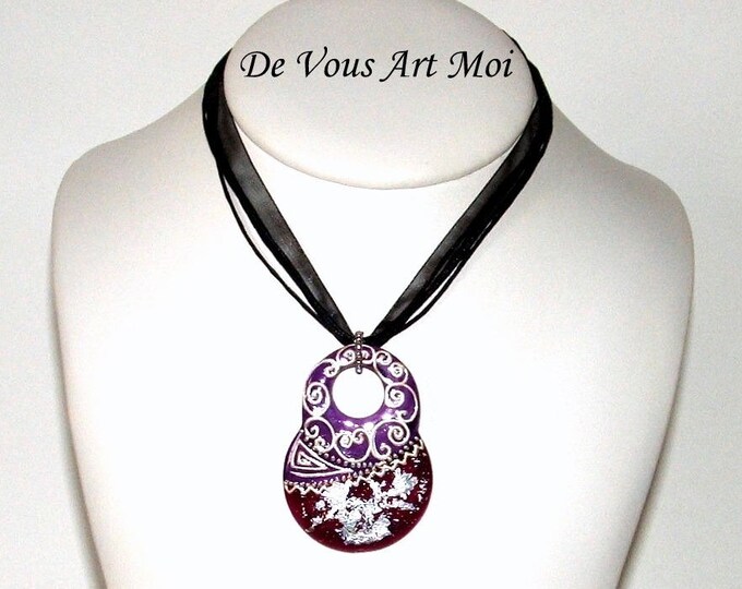 Collier pendentif  femme,bijou coloré pendentif,en porcelaine,peint à la main,collier artisanal,fait main,pourpre et violet