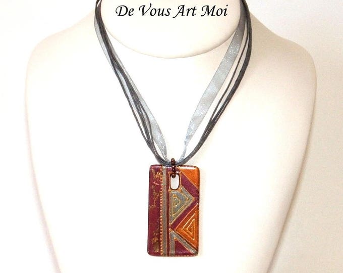 Collier Femme pendentif Rectangle,fait main,en porcelaine peinte main,collier fait main,artisanal,bohème