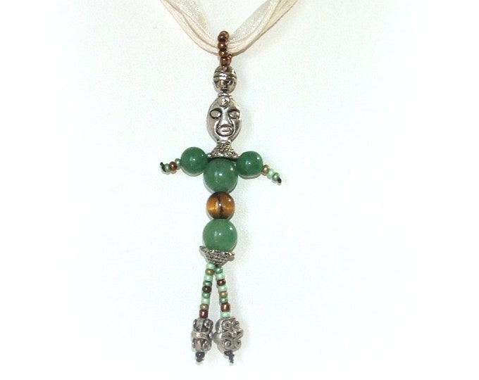 Collier pendentif original jade,fait main,collier artisanal pierre jade et œil de tigre