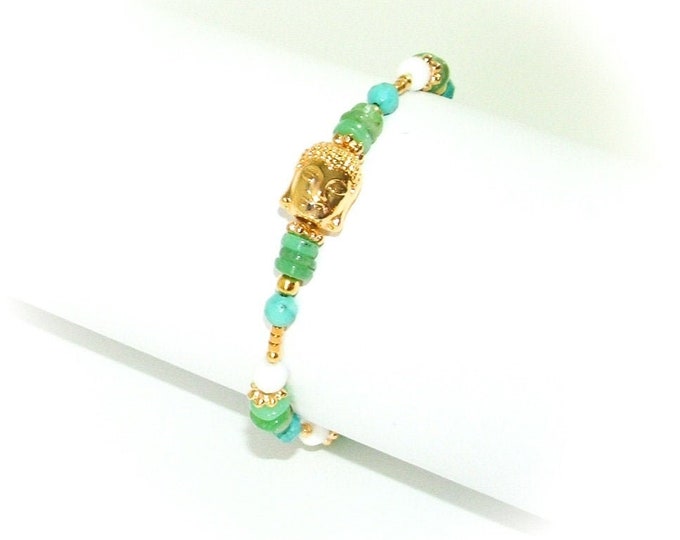 Bracelet original pierre chrysoprase turquoise plaqué or artisanal