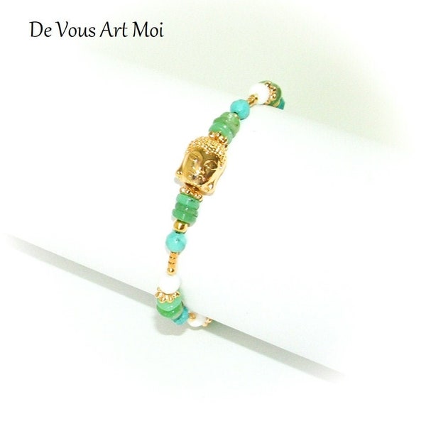 Bracelet pierre chrysoprase turquoise plaqué or bouddha artisanal