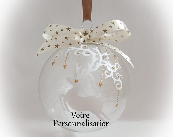 Boule de noël renne personnalisée en verre peint main artisanale fait main