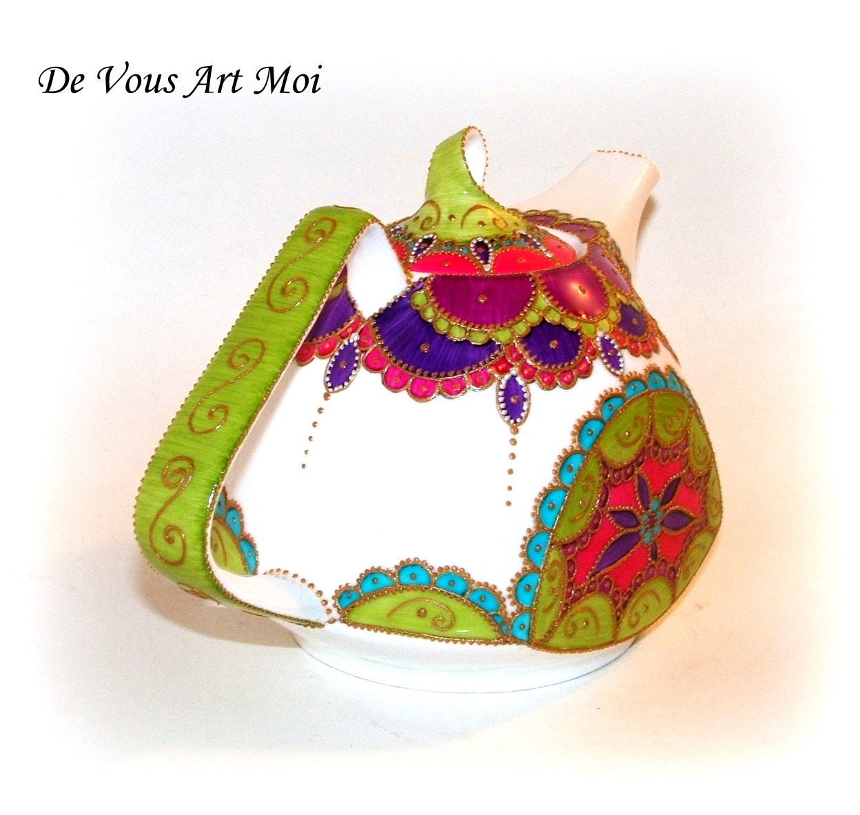 Colorful teapot porcelain teapot handmade, Bohemian, decorated, hand