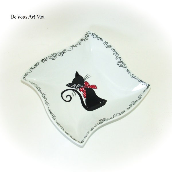 Vide poche coupelle porcelaine cadeau thème chat peint main artisanal