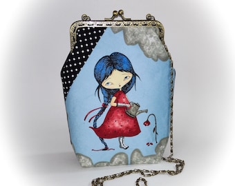 Small illustrated velvet fabric minaudière bag with metal clasp and chain shoulder strap, handmade