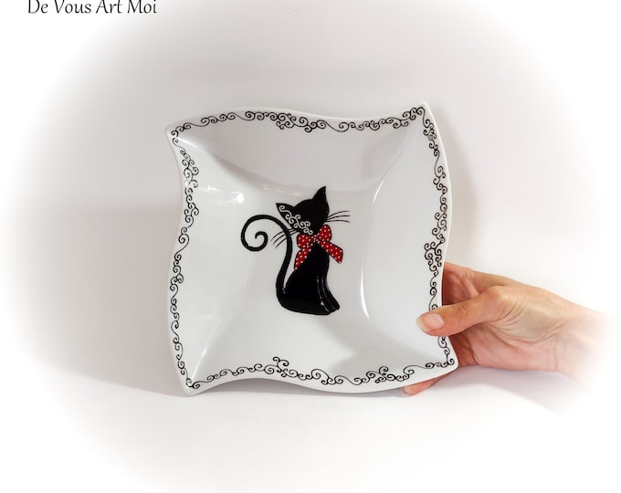 Porcelain bowl empty pocket gift cat theme hand painted handmade