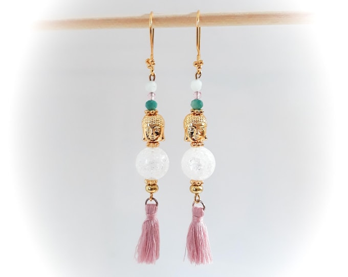 Boucles d'oreille pierres véritables bouddha plaqué or 24K fait main